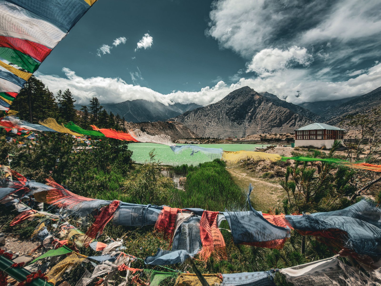 Jomsom valley landscape and Nilgiri peaks in Mustang Nepal