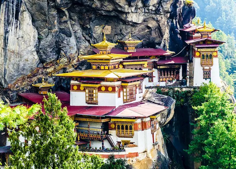 The iconic Tiger's Nest Monastery clinging to a sheer cliff face in Paro, Bhutan
