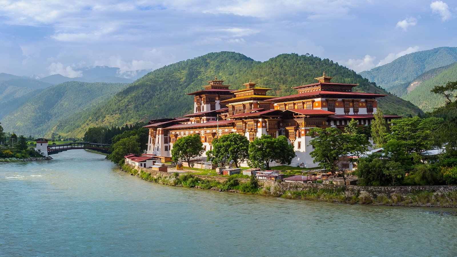 The magnificent Punakha Dzong situated at the confluence of two rivers in Bhutan