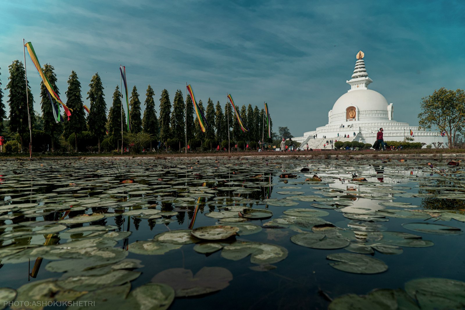 White Buddhist shrine monument at World Peace Pagoda Pokhara