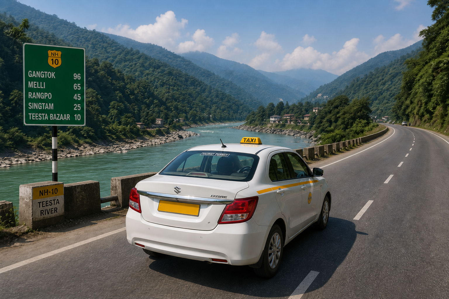 A premium SUV navigating the scenic National Highway 10 towards Gangtok